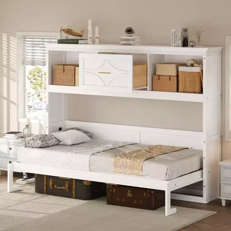 Letto a scomparsa matrimoniale Whisen Wood con stazione di ricarica e cassetto