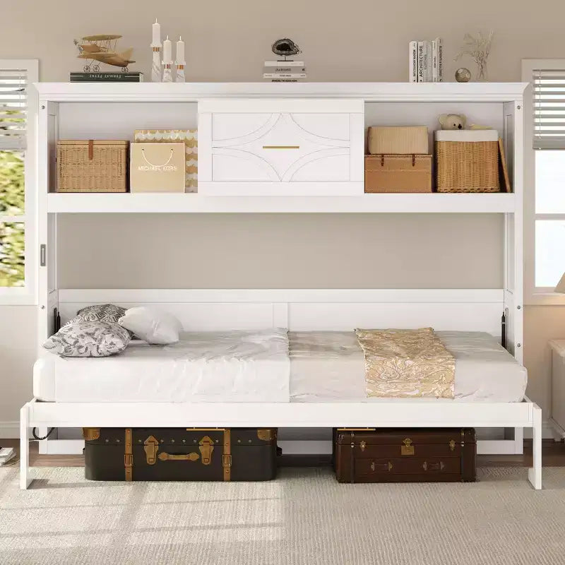 Letto a scomparsa matrimoniale Whisen Wood con stazione di ricarica e cassetto