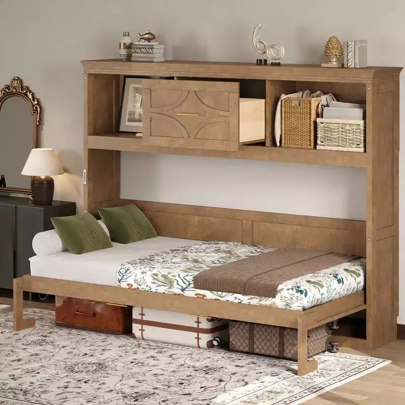 Letto a scomparsa matrimoniale Whisen Wood con stazione di ricarica e cassetto