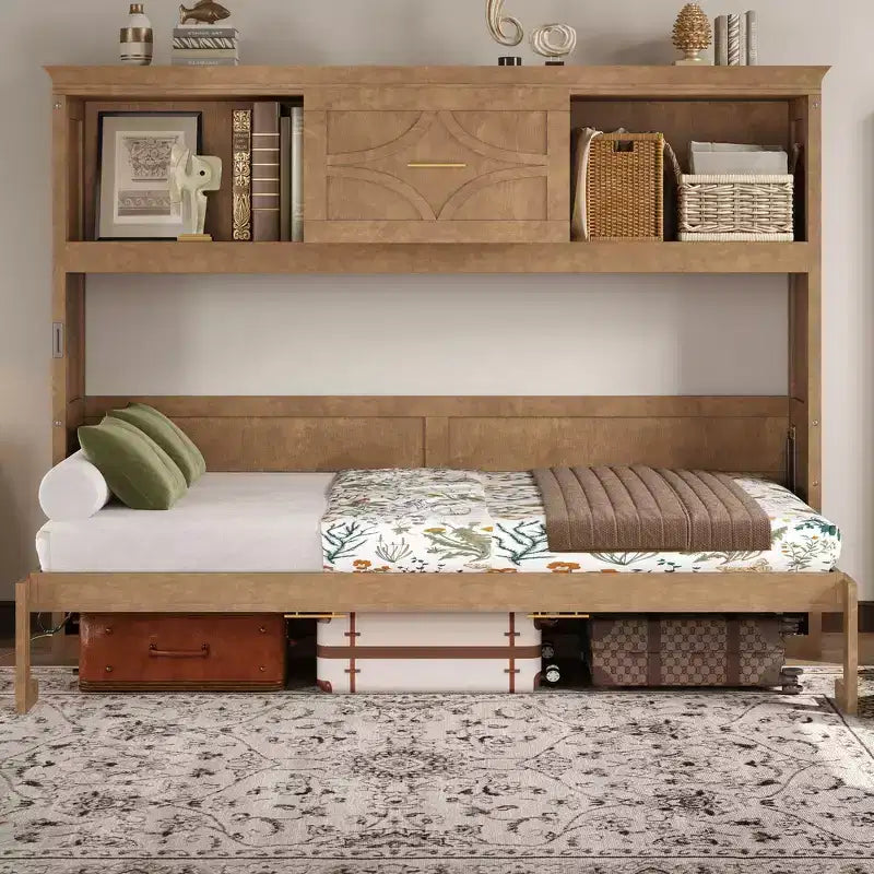 Letto a scomparsa matrimoniale Whisen Wood con stazione di ricarica e cassetto