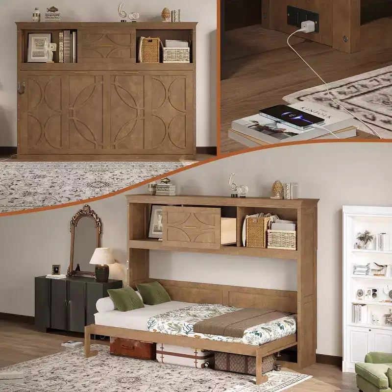 Letto a scomparsa matrimoniale Whisen Wood con stazione di ricarica e cassetto