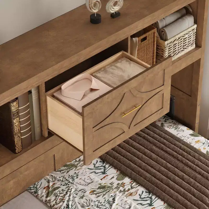 Letto a scomparsa matrimoniale Whisen Wood con stazione di ricarica e cassetto