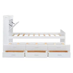 Struttura letto a piattaforma in legno Twin/Full Size con testiera portaoggetti e prese di corrente, letto estraibile Twin Size e 3 cassetti portaoggetti - ModernLuxe