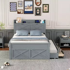 Struttura letto a piattaforma in legno Twin/Full Size con testiera portaoggetti e prese di corrente, letto estraibile Twin Size e 3 cassetti portaoggetti - ModernLuxe