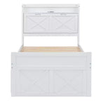 Struttura letto a piattaforma in legno Twin/Full Size con testiera portaoggetti e prese di corrente, letto estraibile Twin Size e 3 cassetti portaoggetti - ModernLuxe