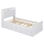 Struttura letto a piattaforma in legno Twin/Full Size con testiera portaoggetti e prese di corrente, letto estraibile Twin Size e 3 cassetti portaoggetti - ModernLuxe