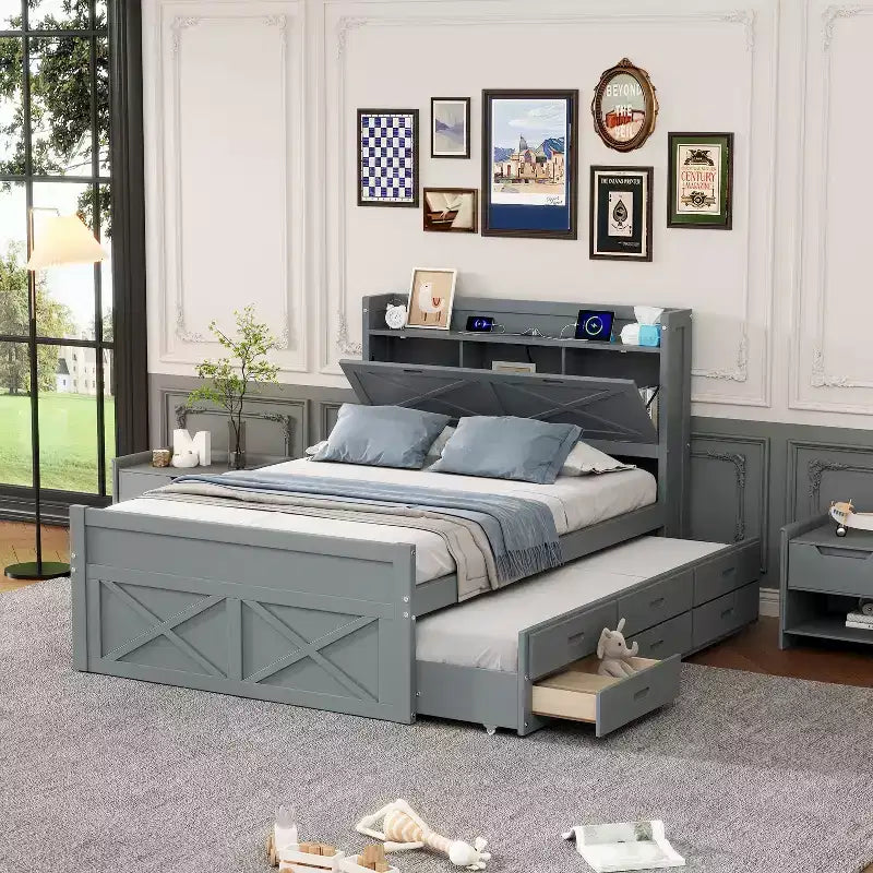 Struttura letto a piattaforma in legno Twin/Full Size con testiera portaoggetti e prese di corrente, letto estraibile Twin Size e 3 cassetti portaoggetti - ModernLuxe
