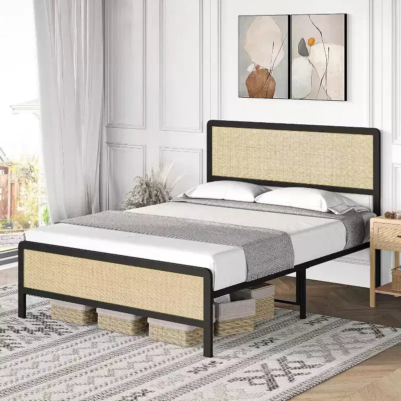 Acekool Boho Rattan Bed - Letto Matrimoniale con Angoli Sicuri