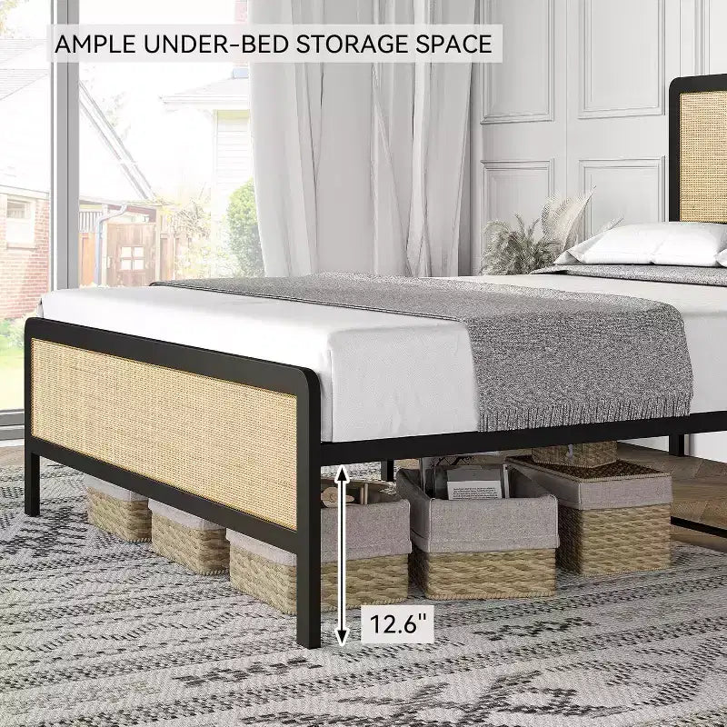 Acekool Boho Rattan Bed - Letto Matrimoniale con Angoli Sicuri