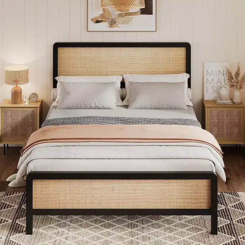 Acekool Boho Rattan Bed - Letto Matrimoniale con Angoli Sicuri