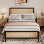 Acekool Boho Rattan Bed - Letto Matrimoniale con Angoli Sicuri