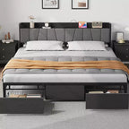 King Size Bed Frame with Storage Headboard, Industrial King Platform Bed with 2 Large Drawers, No Box Spring Needed, Noise Free, Black