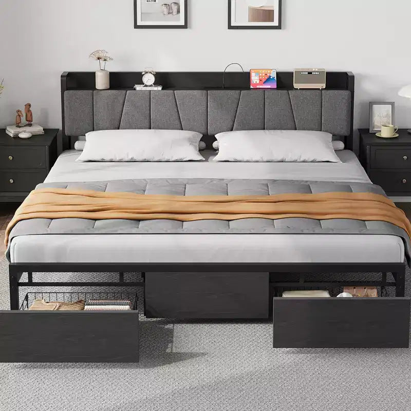 King Size Bed Frame with Storage Headboard, Industrial King Platform Bed with 2 Large Drawers, No Box Spring Needed, Noise Free, Black