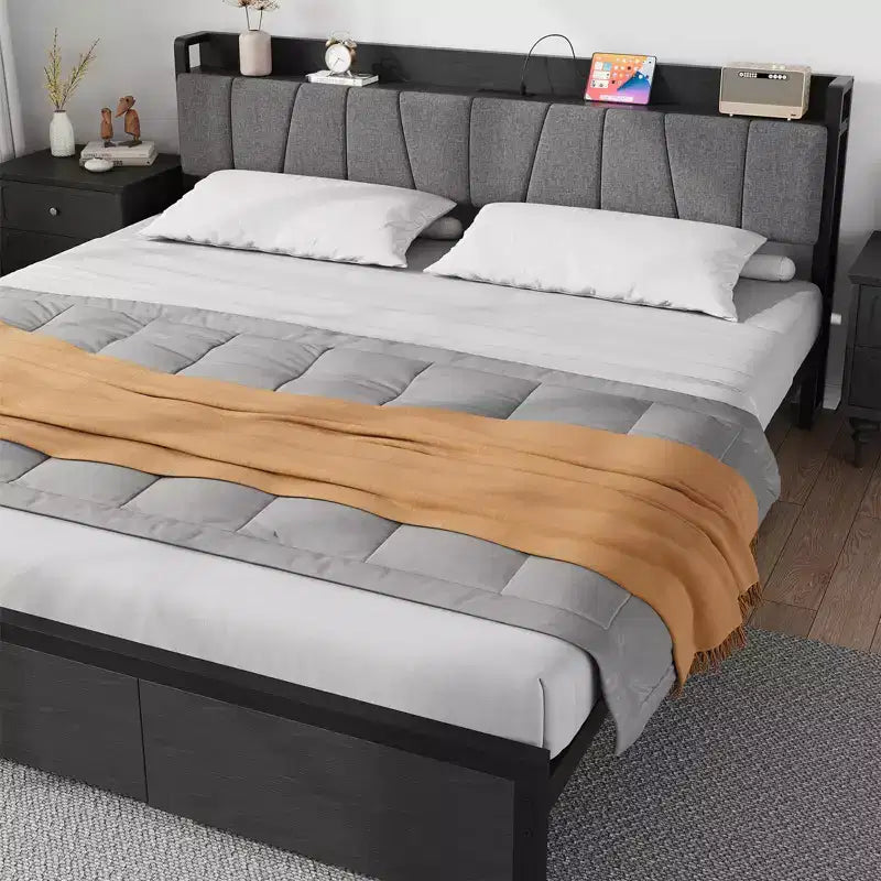 Struttura Letto King Size con Testiera Contenitore, Letto a Piattaforma King Industriale con 2 Grandi Cassetti, Non Richiede Rete a Molle, Silenzioso, Nero