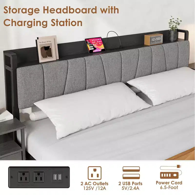 Struttura Letto King Size con Testiera Contenitore, Letto a Piattaforma King Industriale con 2 Grandi Cassetti, Non Richiede Rete a Molle, Silenzioso, Nero