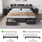 Struttura Letto King Size con Testiera Contenitore, Letto a Piattaforma King Industriale con 2 Grandi Cassetti, Non Richiede Rete a Molle, Silenzioso, Nero