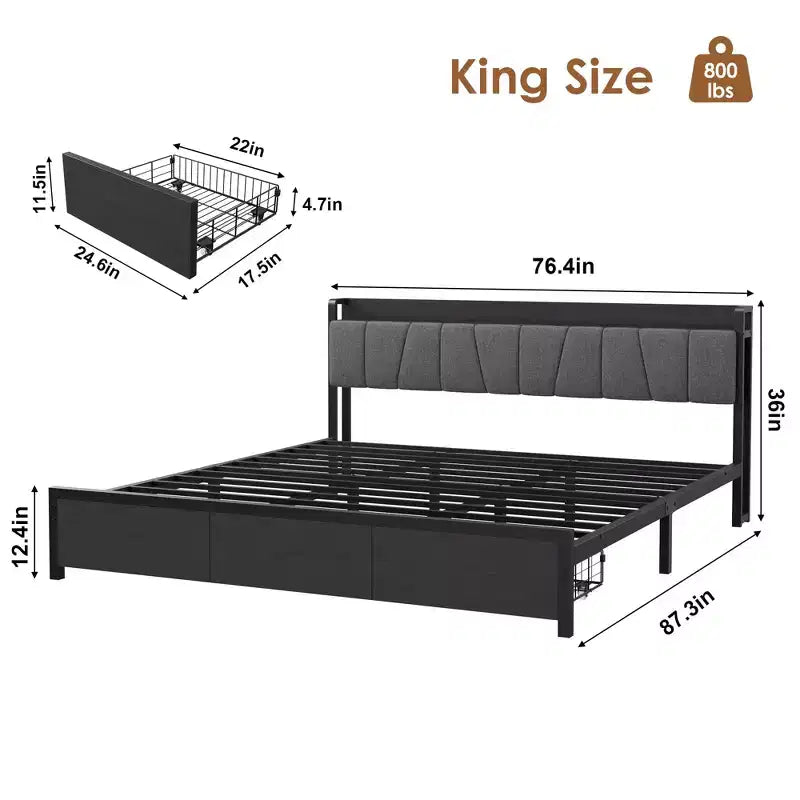 Struttura Letto King Size con Testiera Contenitore, Letto a Piattaforma King Industriale con 2 Grandi Cassetti, Non Richiede Rete a Molle, Silenzioso, Nero