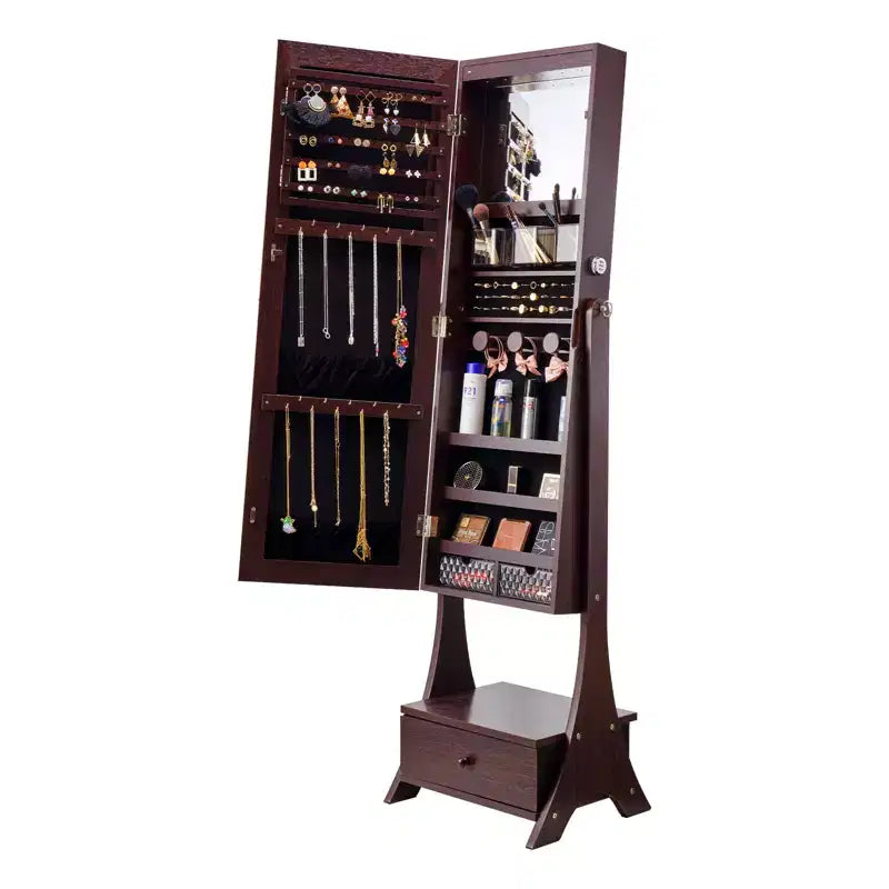 VEVOR Mirror Jewelry Cabinet, Standing Mirror with Storage, Lockable Jewelry Mirror Organizer with Full Length Mirror, Velvet Lining, Brown