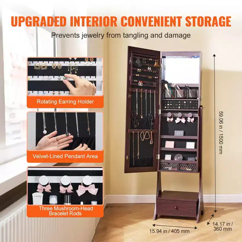 VEVOR Specchiera Portagioie, Specchio con Contenitore, Organizer Portagioie a Specchio con Chiusura a Chiave e Specchio a Figura Intera, Fodera in Velluto, Marrone