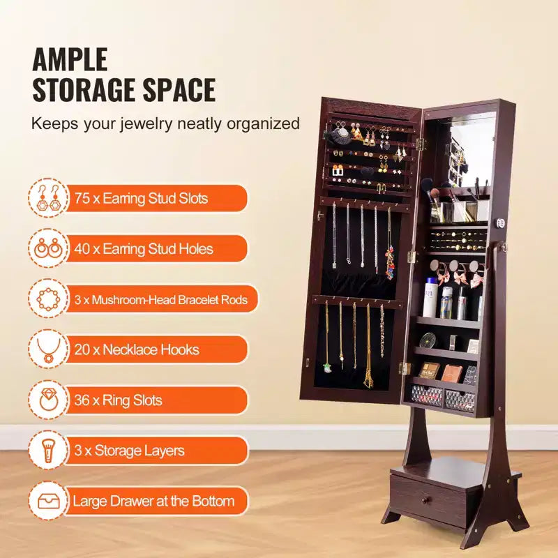 VEVOR Specchiera Portagioie, Specchio con Contenitore, Organizer Portagioie a Specchio con Chiusura a Chiave e Specchio a Figura Intera, Fodera in Velluto, Marrone
