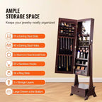 VEVOR Specchiera Portagioie, Specchio con Contenitore, Organizer Portagioie a Specchio con Chiusura a Chiave e Specchio a Figura Intera, Fodera in Velluto, Marrone