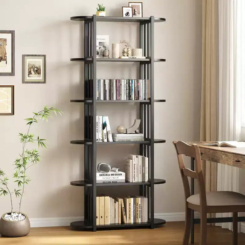 6 Tier Book Shelf, Modern Tall Bookshelf, Industrial Bookcase Corner Storage Organizer, Free Standing Storage Shelving Unit