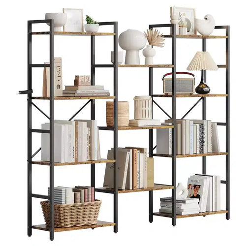Étagère à 4 niveaux, bibliothèque industrielle - Étagères en bois réglables et cadre en métal robuste, capacité de 45 kg, grand organisateur de rangement