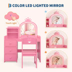 Toeletta per Bambini con Specchio e Luci, Postazione Trucco per Principesse in Legno con Sedia, Scaffali e Cassetti Contenitori