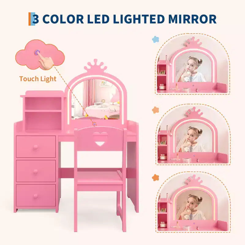 Toeletta per Bambini con Specchio e Luci, Postazione Trucco per Principesse in Legno con Sedia, Scaffali e Cassetti Contenitori