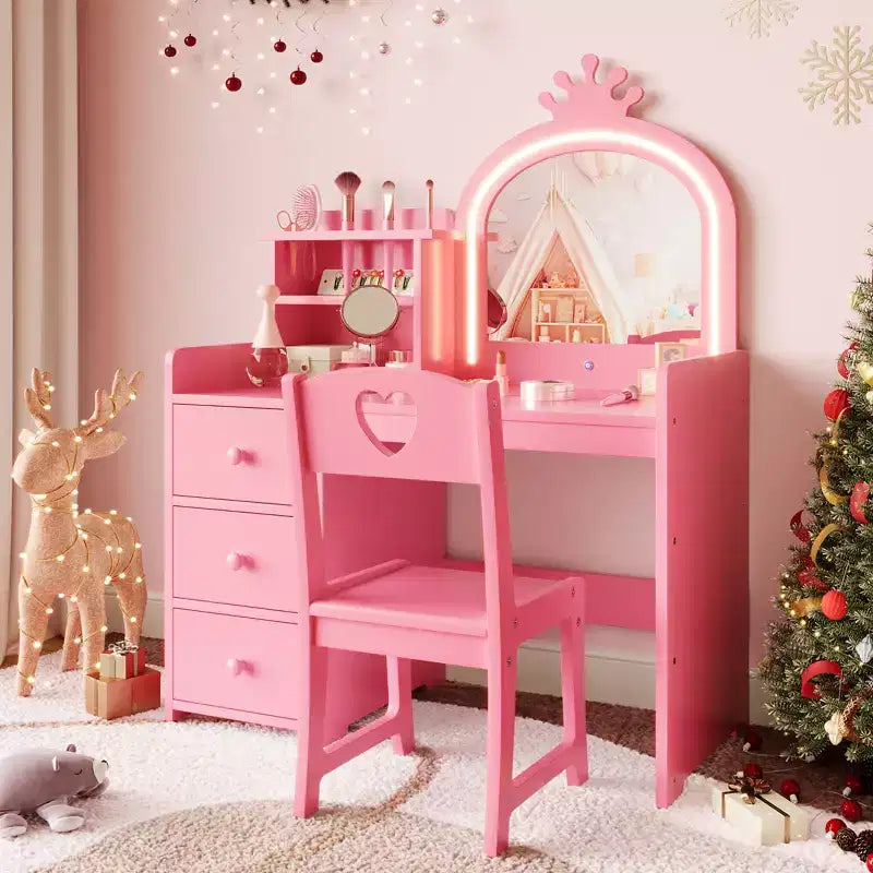 Toeletta per Bambini con Specchio e Luci, Postazione Trucco per Principesse in Legno con Sedia, Scaffali e Cassetti Contenitori