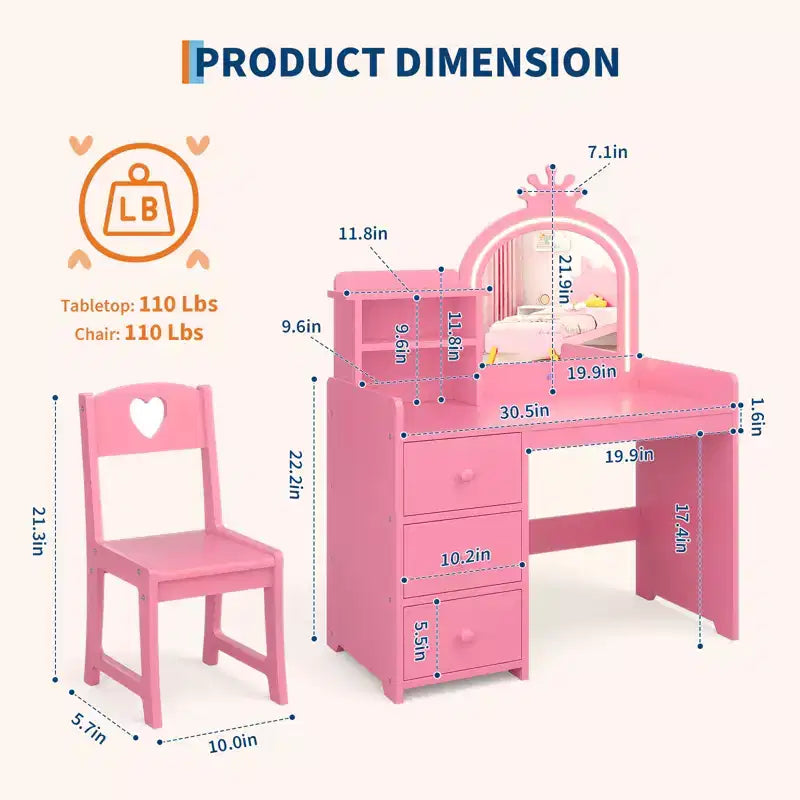 Toeletta per Bambini con Specchio e Luci, Postazione Trucco per Principesse in Legno con Sedia, Scaffali e Cassetti Contenitori