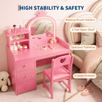 Toeletta per Bambini con Specchio e Luci, Postazione Trucco per Principesse in Legno con Sedia, Scaffali e Cassetti Contenitori