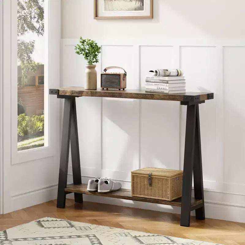 Tavolo Consolle per Ingresso, Tavolo d'Ingresso a 2 Livelli con Contenitore, Consolle Stretta da 110 cm per Soggiorno, Tavolino da Corridoio, Tavolino d'Appoggio Laterale