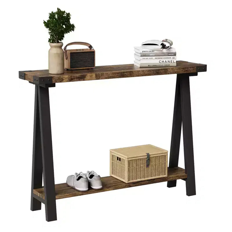 Tavolo Consolle per Ingresso, Tavolo d'Ingresso a 2 Livelli con Contenitore, Consolle Stretta da 110 cm per Soggiorno, Tavolino da Corridoio, Tavolino d'Appoggio Laterale