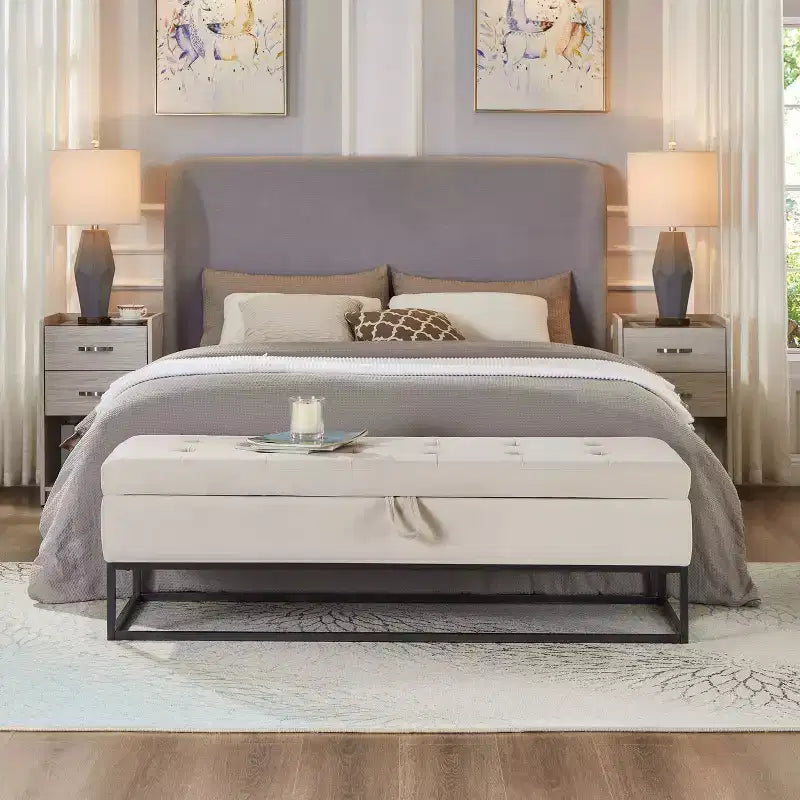Panca in velluto TUYOHW con base in metallo e contenitore, panca da letto per soggiorno, Beige