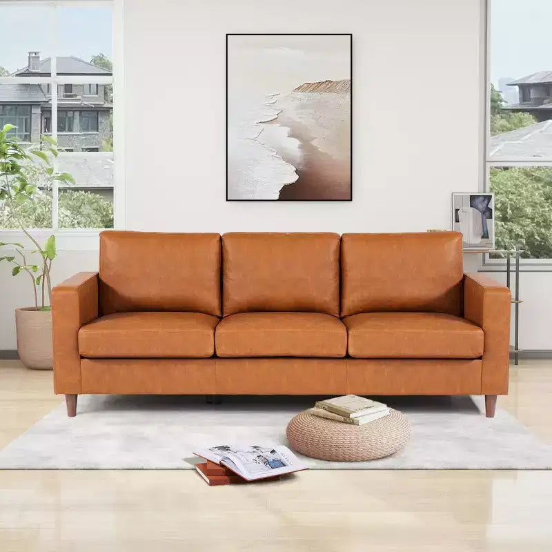 Canapé en cuir marron de 83 pouces - Canapé moderne du milieu du siècle, canapé 3 places avec accoudoirs, coussins confortables, canapé en PU à assise profonde pour salon, chambre à coucher