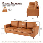 Canapé en cuir marron de 83 pouces - Canapé moderne du milieu du siècle, canapé 3 places avec accoudoirs, coussins confortables, canapé en PU à assise profonde pour salon, chambre à coucher