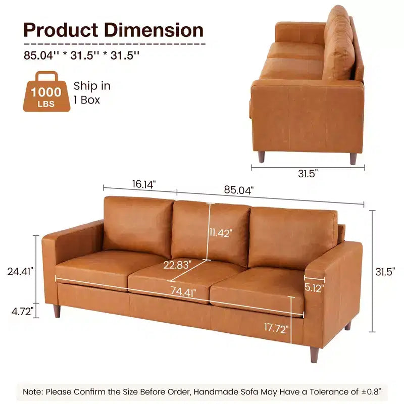 Canapé en cuir marron de 83 pouces - Canapé moderne du milieu du siècle, canapé 3 places avec accoudoirs, coussins confortables, canapé en PU à assise profonde pour salon, chambre à coucher