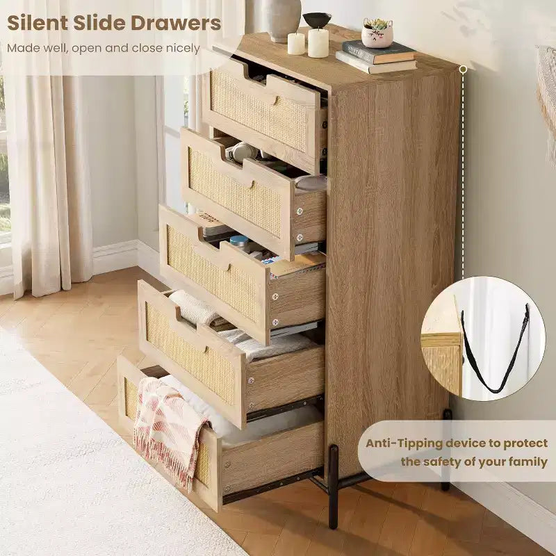 Cassettiera a 5 cassetti in rattan naturale, Cassettiera in legno, Armadietto contenitore rustico con gambe in metallo, Cassettiera moderna per camera da letto, soggiorno