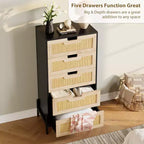 Cassettiera a 5 cassetti in rattan naturale, Cassettiera in legno, Armadietto contenitore rustico con gambe in metallo, Cassettiera moderna per camera da letto, soggiorno
