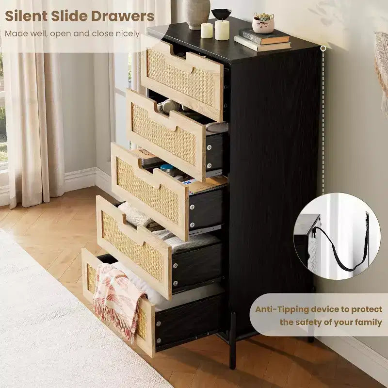 Cassettiera a 5 cassetti in rattan naturale, Cassettiera in legno, Armadietto contenitore rustico con gambe in metallo, Cassettiera moderna per camera da letto, soggiorno