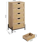 Cassettiera a 5 cassetti in rattan naturale, Cassettiera in legno, Armadietto contenitore rustico con gambe in metallo, Cassettiera moderna per camera da letto, soggiorno