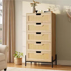 Cassettiera a 5 cassetti in rattan naturale, Cassettiera in legno, Armadietto contenitore rustico con gambe in metallo, Cassettiera moderna per camera da letto, soggiorno
