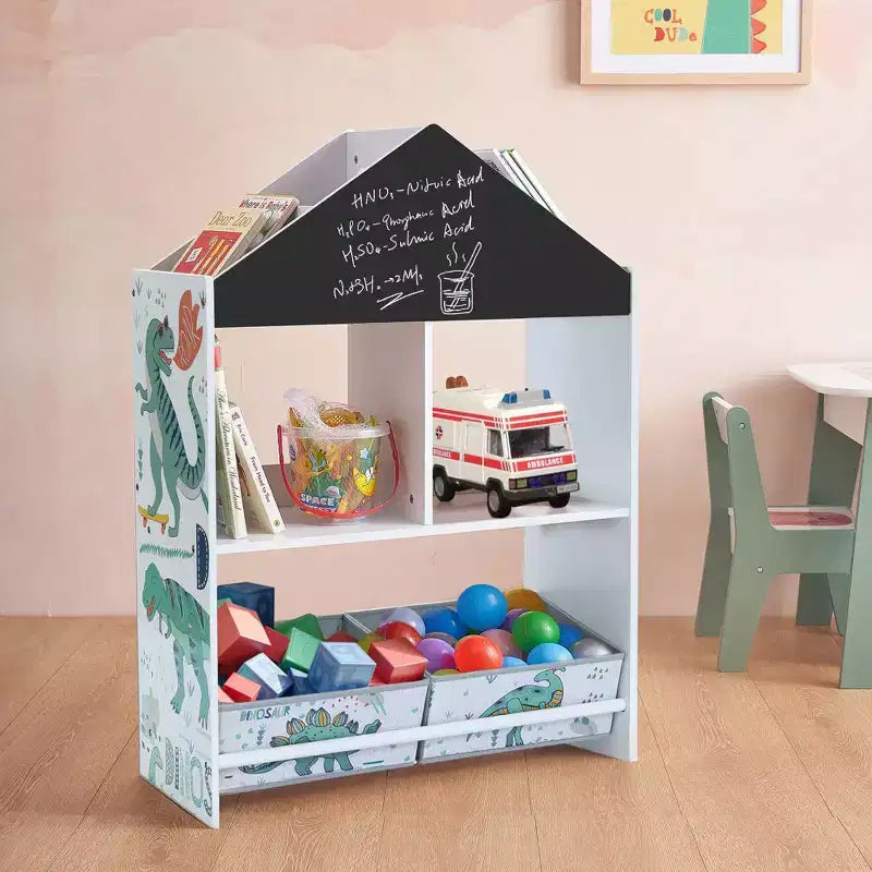 LuxenHome Mobile Basso da Terra Multifunzione con Lavagna a Forma di Casa, Libreria e Contenitore per Giocattoli per Bambini