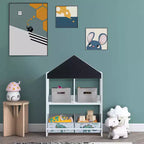 LuxenHome Mobile Basso da Terra Multifunzione con Lavagna a Forma di Casa, Libreria e Contenitore per Giocattoli per Bambini