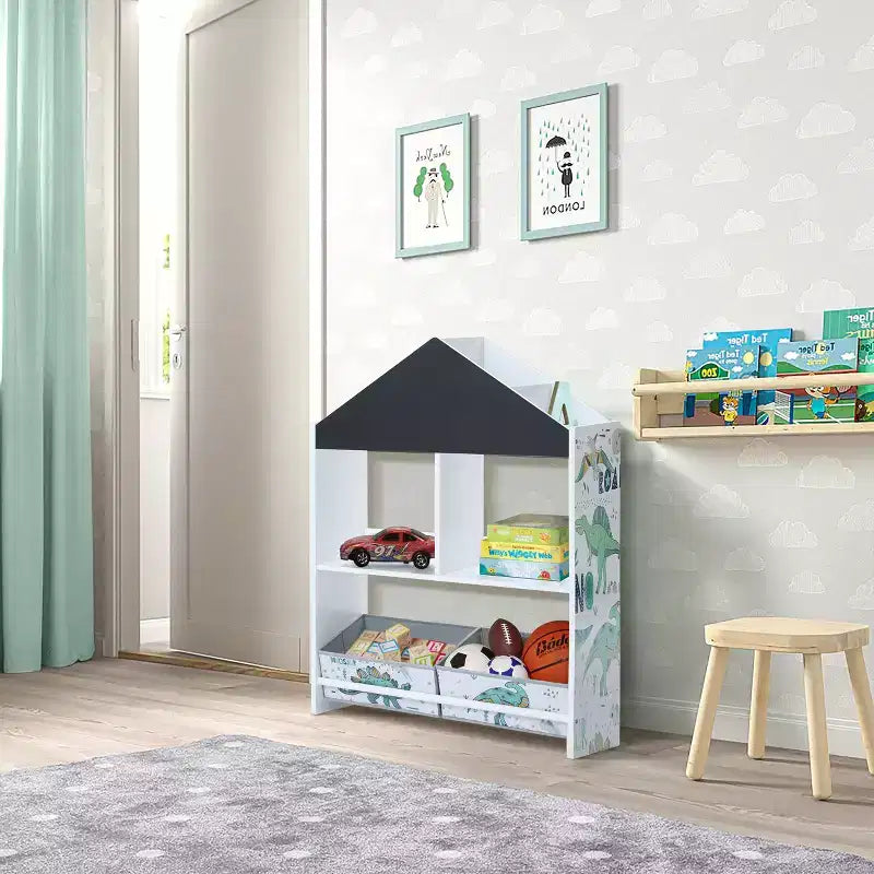 LuxenHome Mobile Basso da Terra Multifunzione con Lavagna a Forma di Casa, Libreria e Contenitore per Giocattoli per Bambini