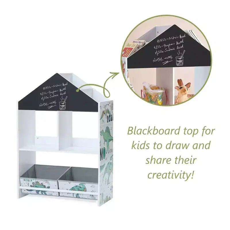LuxenHome Mobile Basso da Terra Multifunzione con Lavagna a Forma di Casa, Libreria e Contenitore per Giocattoli per Bambini
