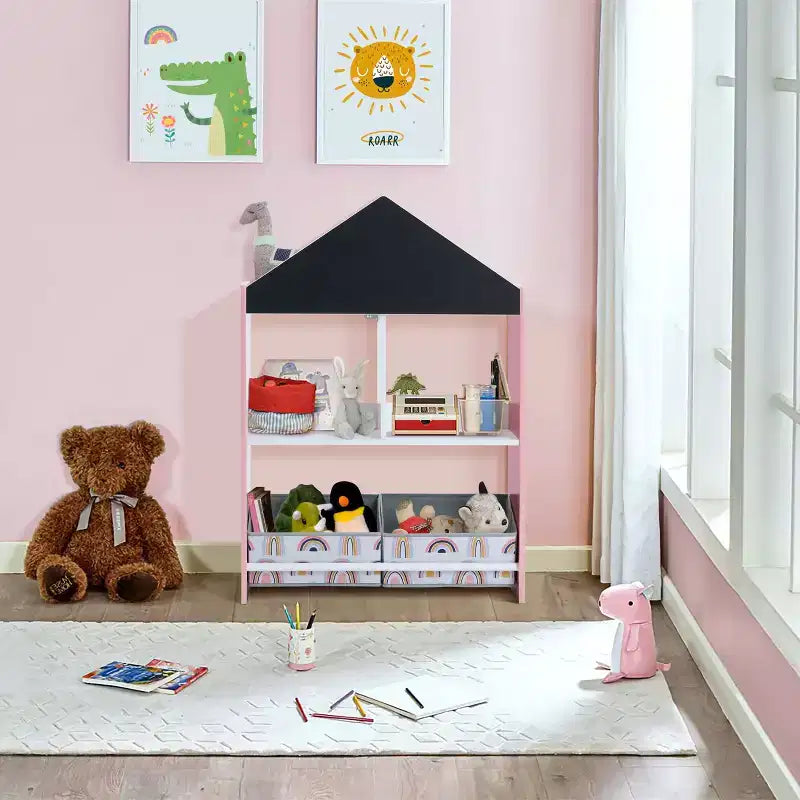 LuxenHome Mobile Basso da Terra Multifunzione con Lavagna a Forma di Casa, Libreria e Contenitore per Giocattoli per Bambini