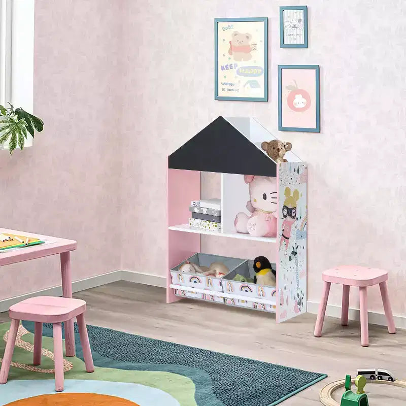 LuxenHome Mobile Basso da Terra Multifunzione con Lavagna a Forma di Casa, Libreria e Contenitore per Giocattoli per Bambini