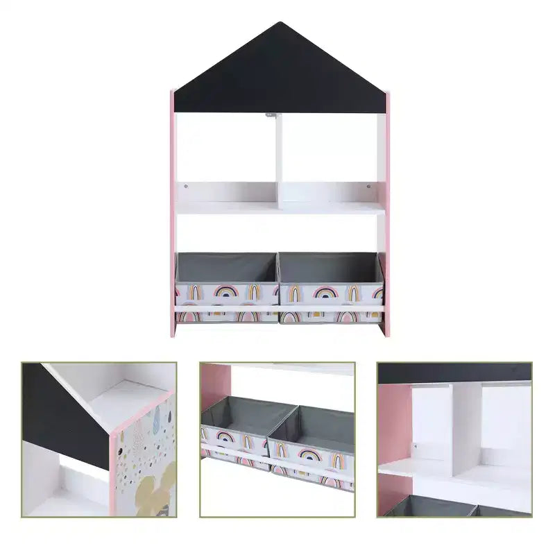 LuxenHome Mobile Basso da Terra Multifunzione con Lavagna a Forma di Casa, Libreria e Contenitore per Giocattoli per Bambini